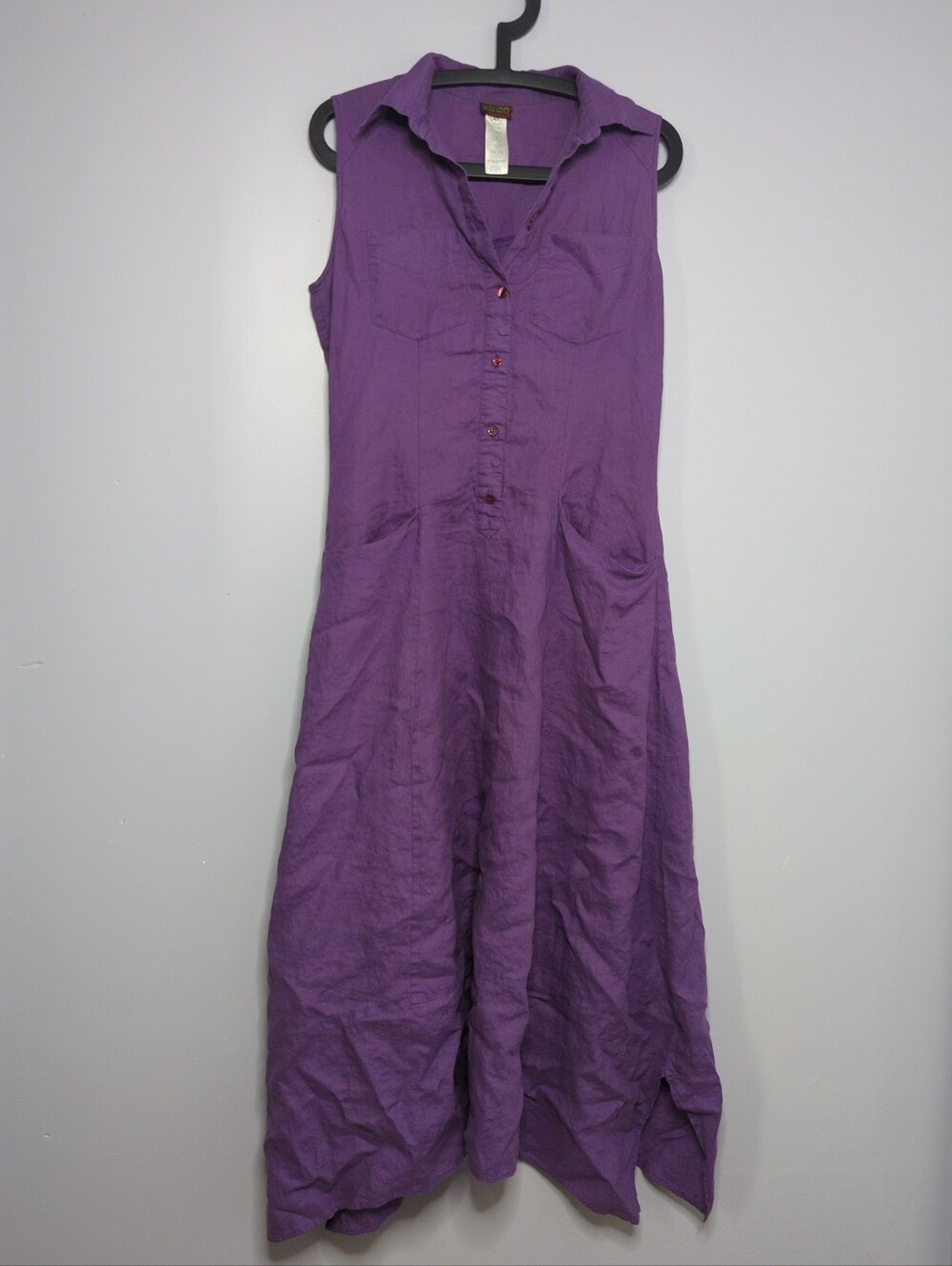 Vintage Kenzo Paris Purple Linen Sleeveless Henley Maxi Shirtdress Asymmetric 42